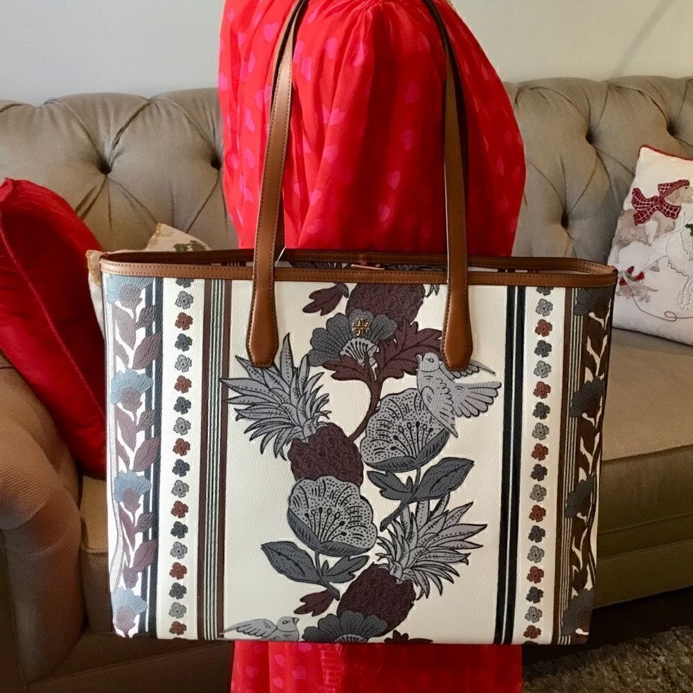 TORY BURCH FLORAL WINE PERRY LARGE TOTE LAPTOP TRAVEL HANDBAG WORK VACAT…